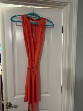 Trina Turk Coral Button-Front Tie-Waist Mini Dress